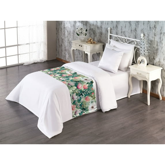 Jungle Floral Bed Runner, Aquarelle Flowers Boho with Leafy Pattern on Hues Back Dreamy Aura, Decorative Accent Bedding Scarf for Hotels Homes & Guest Rooms, Twin, Teal Coral Pale Green, by Ambesonne