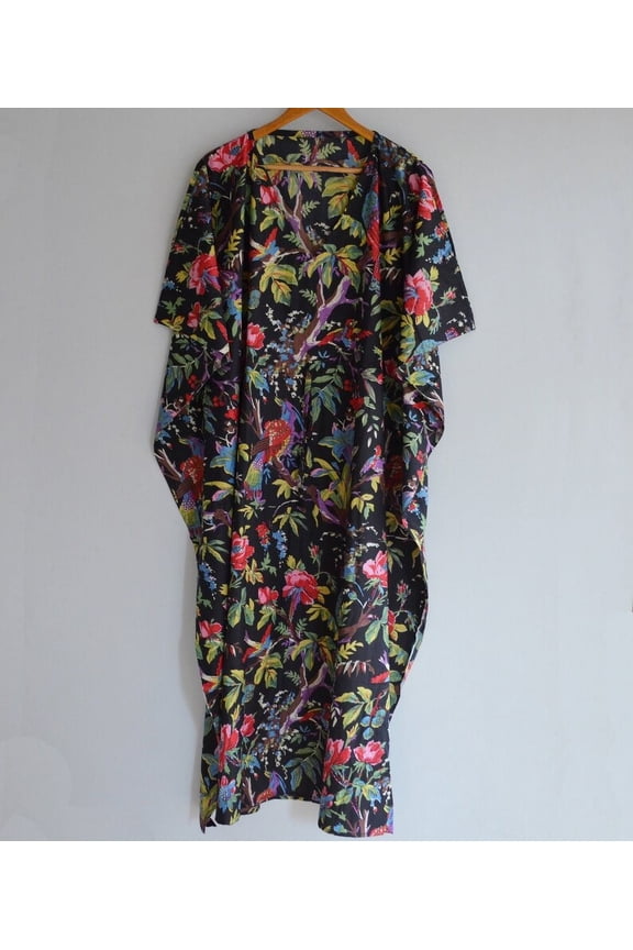 Jungle Floral Print Cotton Fabric Indian Kaftan Dress Long Top Caftan, Dress Beach Wear Cover up, Printed Sleepwear Maxi Dress Boho Kimono Robe