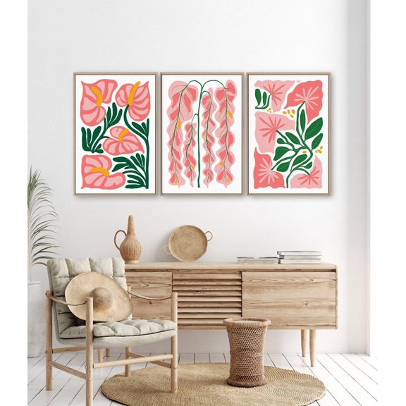 Jungle Flower Triptych Wall Art Pink Tropical Canvas Set Botanical Decor Set 3