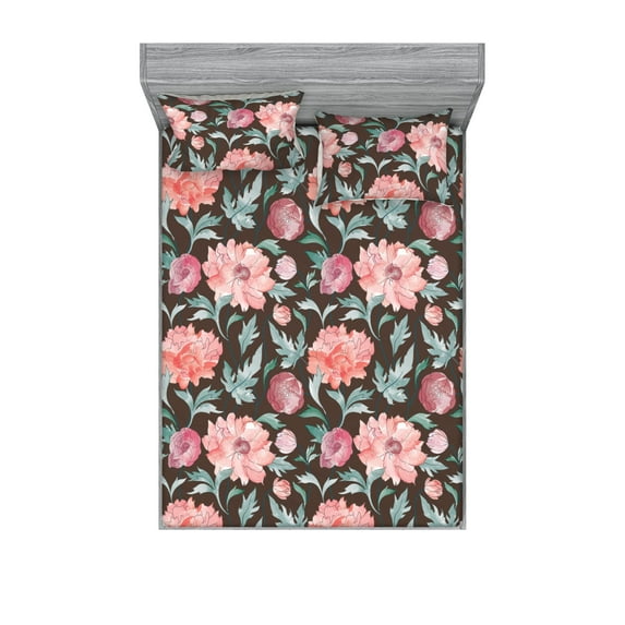 Jungle Flowers Fitted Sheet & Pillow Sham Set, Watercolor Blooming Floral in Boho Forest with Leaves Greenery, Decorative Printed 3 Piece Bedding Decor, Queen, Laurel Green Coral Taupe, by Ambesonne