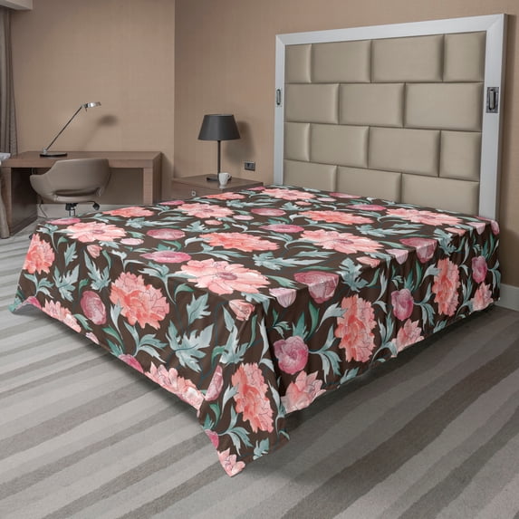 Ambesonne Jungle Flowers Flat Bedding Sheet Soft Top Sheet, Art Aquarelle Floral, King, Laurel Green Coral Taupe