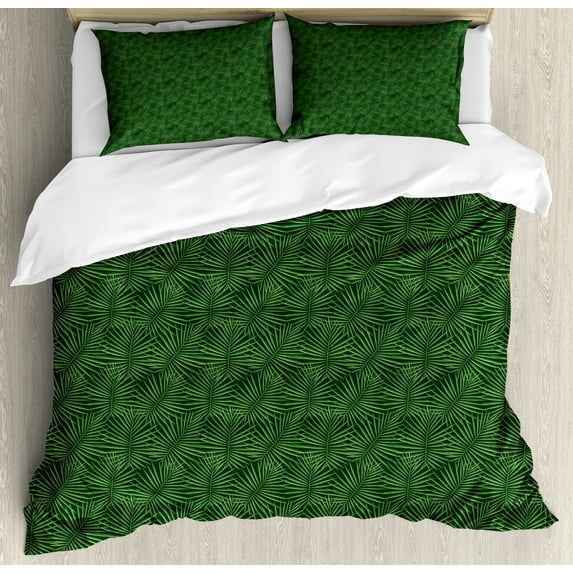 Jungle Foliage Duvet Cover Set, Simplistic Continuous Palm Leaves in Green Monochrome, Decorative 3 Piece Bedding Set with 2 Pillow Shams, King Size, Green Apple Green, by Ambesonne