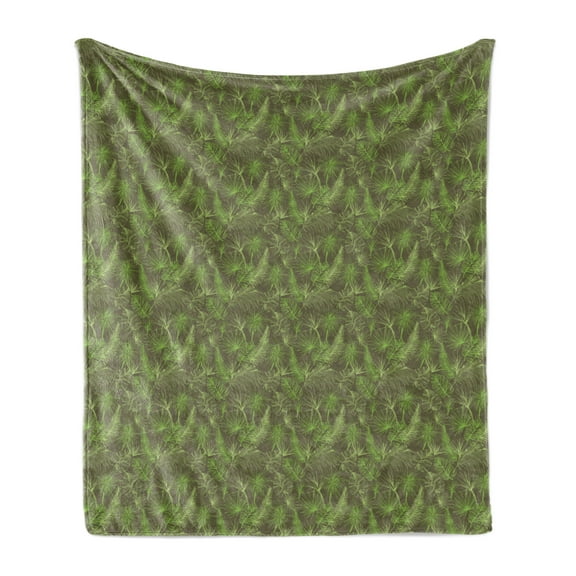 Jungle Foliage Soft Flannel Fleece Blanket, Continuous Tropic Pattern with Outline Leaves and Palm Trees Print, Cozy Plush for Indoor and Outdoor Use, 50" x 60", Taupe and Lime Green, by Ambesonne