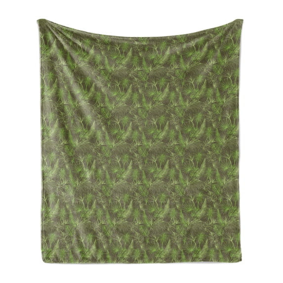 Jungle Foliage Soft Flannel Fleece Blanket, Continuous Tropic Pattern with Outline Leaves and Palm Trees Print, Cozy Plush for Indoor and Outdoor Use, 60" x 80", Taupe and Lime Green, by Ambesonne