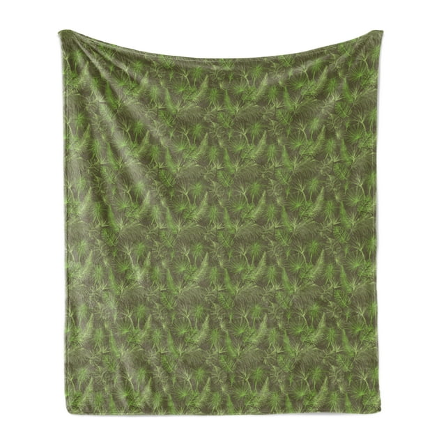 Jungle Foliage Soft Flannel Fleece Blanket, Continuous Tropic Pattern with Outline Leaves and Palm Trees Print, Cozy Plush for Indoor and Outdoor Use, 70" x 90", Taupe and Lime Green, by Ambesonne