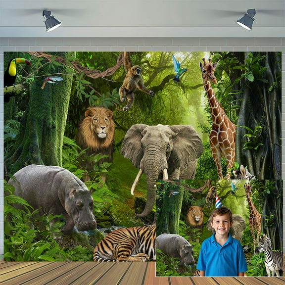 Jungle Forest Animals Photo Backdrop, Tropical Rainforest Natural Scenery Safari Party Background for Kids Baby, Adult Wedding Camping Themed Decoration Photo Shoot Backdrop Props,7X5ft