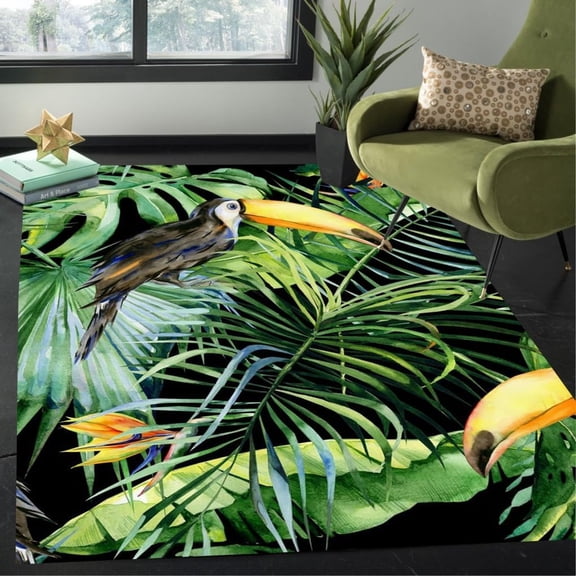 Jungle Forest Theme Brids Palma Leaf Pattern Modern Area Rug For Living Room Bedroom Black Green Botanical Rug Under Dining Table Machine Washable Waterproof Kitchen Patio Floor Rug 1x2ft