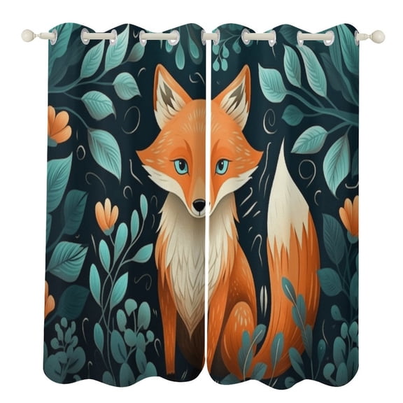 Jungle Fox Cartoon Pattern Curtains Aesthetic Envrionmental Friendly Picture, Living Room Bedroom Window Drapes 2 Panel Set