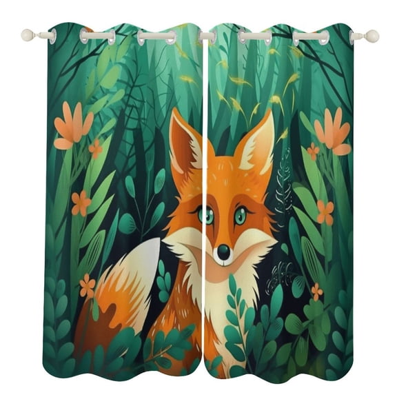 Jungle Fox Cartoon Pattern Curtains Watercolor Theme Window Curtains Grommet Blackout Drapes for Living Room Bedroom