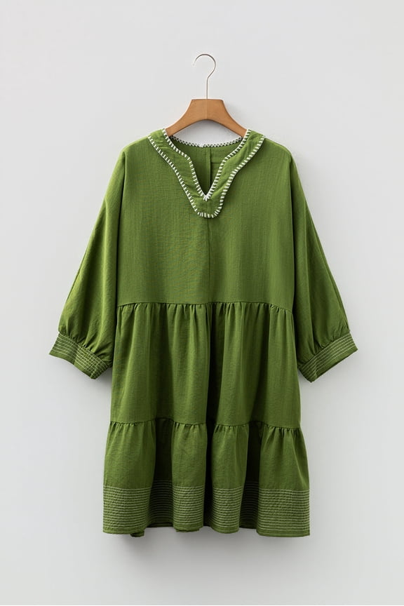 Jungle Green Contrast Stitched V Neck 3/4 Sleeve Tiered Mini Dress