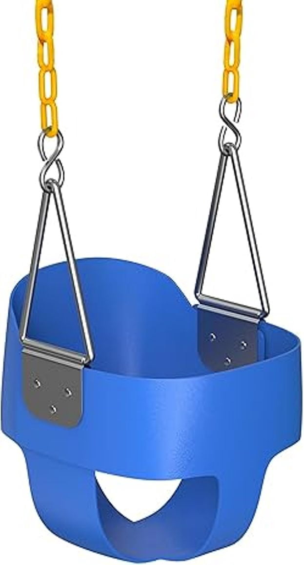 Jungle Gym Kingdom Toddler Swing; Heavy Duty, High Back, Full Bucket Baby Swing Seat with Coated Chains for Outdoor Use; Fully Assembled; Blue