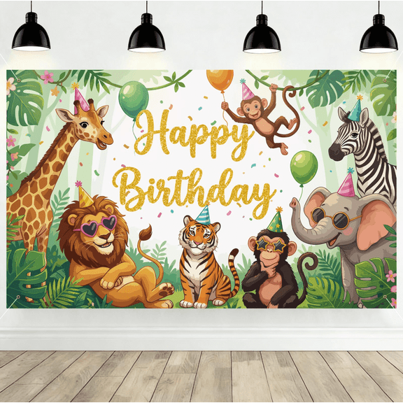 Jungle Happy Birthday Backdrop, Zoo Animal Decoration Banner, Green Safari Tropical Forest Background, Wildlife Birthday Photo Booth Baby Shower Party