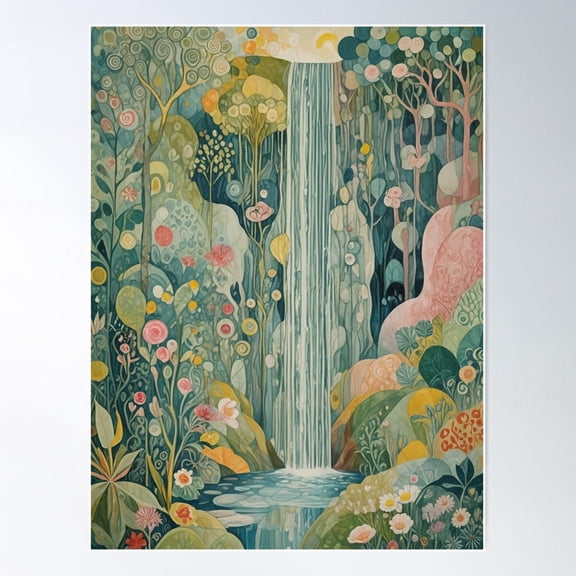 Jungle Harmony: Abstract Waterfall In Tropical Wilderness Poster Wall Art, Modern Wall Decor For Living Room Bedroom, 8x12 UNFRAMED