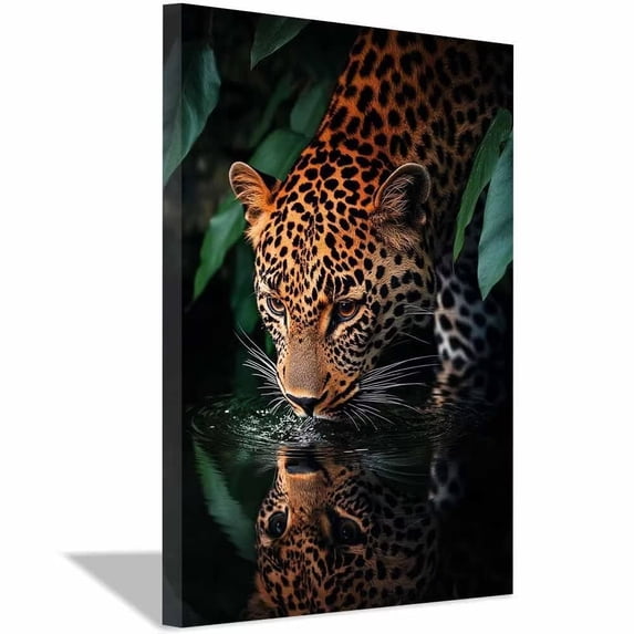 Jungle Jaguar Drinking Pond Mirror Reflection Canvas Wall Art,Dappled Tiger Ornament Pictures fit Passage Parlor Condo Interior Ready to Hang-36"L x 24"W