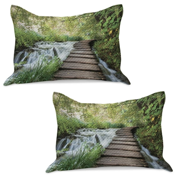 Jungle Knitted Quilt Pillowcover Set of 2, Wooden Footbridge Along the Stream in Greenery Jungle Waterscape Scenery, Standard Queen Pillow Sham Bedroom, 30" x 20", Brown Green White, by Ambesonne
