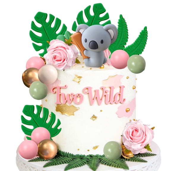 Jungle Koala Cake Decoration Set - Pink Green Gold Floral Ball Leaf Toppers for Birthday Party Decor