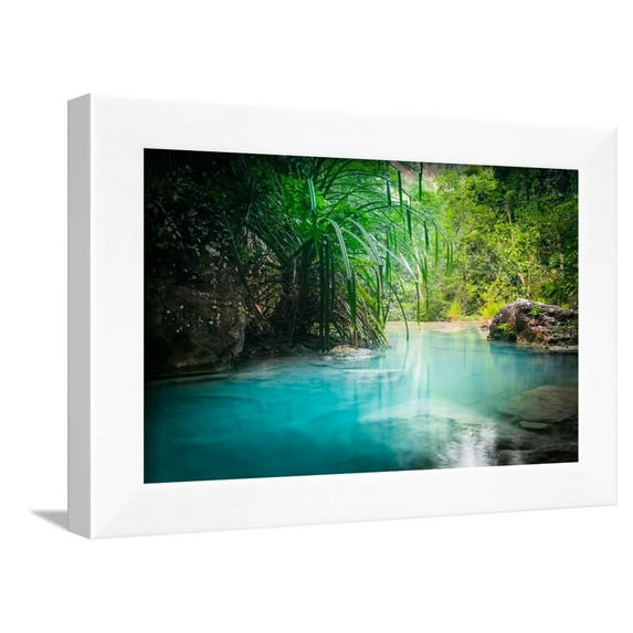 Jungle Landscape with Flowing Turquoise Water of Erawan Cascade Waterfall at Deep Tropical Rain For, Scenic Framed Art Print Wall Art by Perfect Lazybones Sold by Art.Com