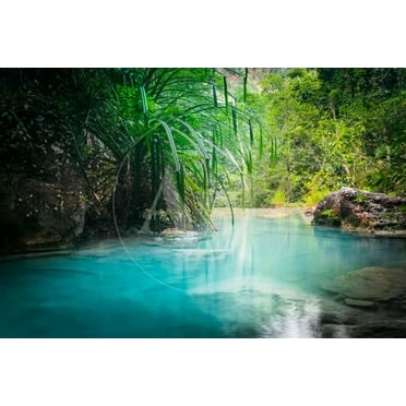 Jungle Landscape with Flowing Turquoise Water of Erawan Cascade Waterfall at Deep Tropical Rain For, Scenic Unframed Photographic Print Wall Art by Perfect Lazybones Sold by ArtCom