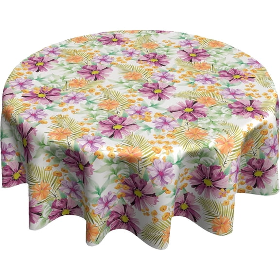 Jungle Leaf Floral Round Tablecloth Hawaiian Tropical Plant Table Cloth Purple Daisy Flowers Reusable Table Cover for Home Picnic Parties Weddings