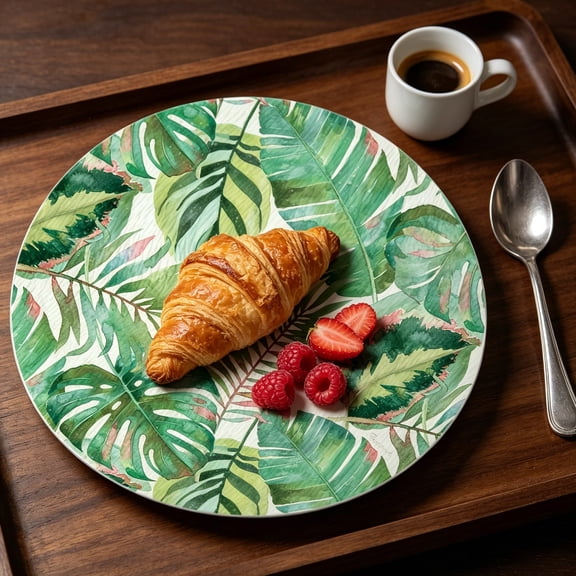 Jungle Leaves 4mm Tempered Glass Lazy Susan Turntable, 13" Diameter Condiment Caddy, Cake Plate, Pizza Server