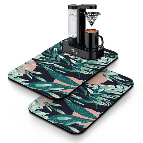 Jungle Leaves Coffee Mat, Absorbent Diatom Mud Dish Drying Mat, Leak-Proof Tropical Leaf Kitchen Mat, Summer Vibe Palm Print Counter Protector