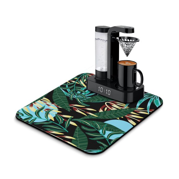 Jungle Leaves Coffee Station Mat - Colorful Exotic Design, Non-Slip Base, Ideal for Espresso Machines