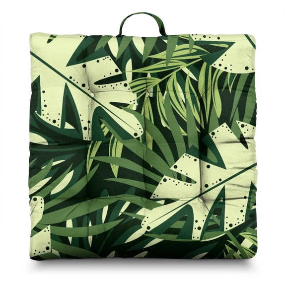 Jungle Leaves Meditation Pillow – 22x22 Inch Square Seat Cushion, Dutch Velvet, Wild Leafy Design (Rainforest Escape Vibe)