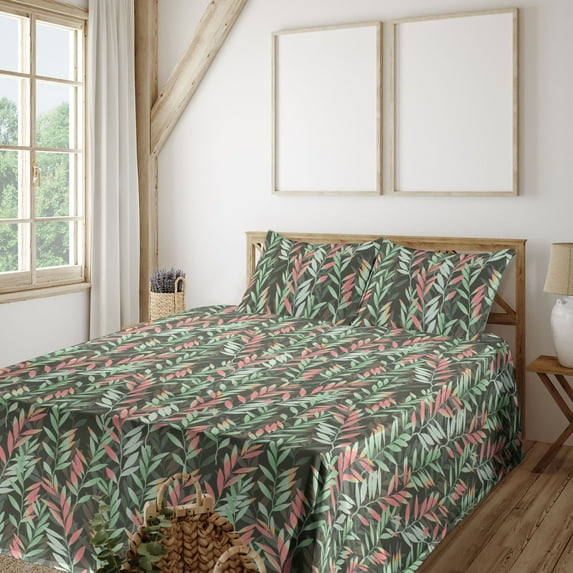 Ambesonne Jungle Leaves Fitted & Flat Sheet with Sham 3 Pcs Set, Tropical Forest Leaf, Twin XL, Pastel Pink Mint Green
