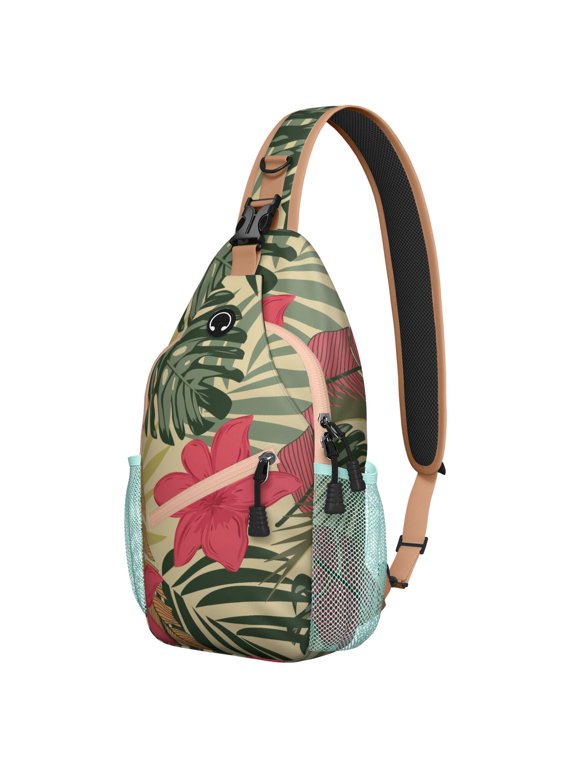 Jungle Leaves Sling Backpack, Lightweight Tropical Crossbody Bag with Hawaiian Floral Pattern, Exotic Botanical Print, Palm Leaves and Colorful Summer Style