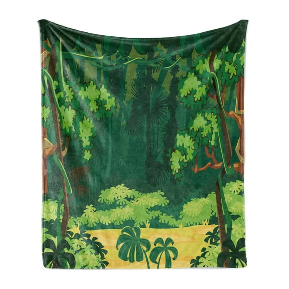 Jungle Leaves Soft Flannel Fleece Throw Blanket, Cartoon Illustration of Forest Glade Exotic Landscape Outdoor Scenery, Cozy Plush for Indoor and Outdoor Use, 60" x 80", Multicolor, by Ambesonne