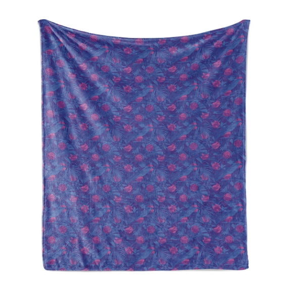 Jungle Leaves Soft Flannel Fleece Throw Blanket, Geometric and Hawaiian Circular, Cozy Plush for Indoor and Outdoor Use, 50" x 60", Fuchsia Violet Blue, by Ambesonne