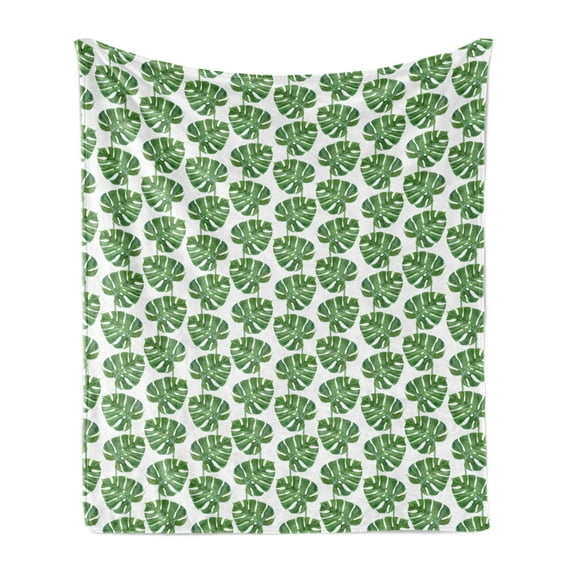 Jungle Leaves Soft Flannel Fleece Throw Blanket, Silhouettes of Wide Monstera Fronds with Holes and Strokes, Cozy Plush for Indoor and Outdoor Use, 60" x 80", Peacock Green, by Ambesonne