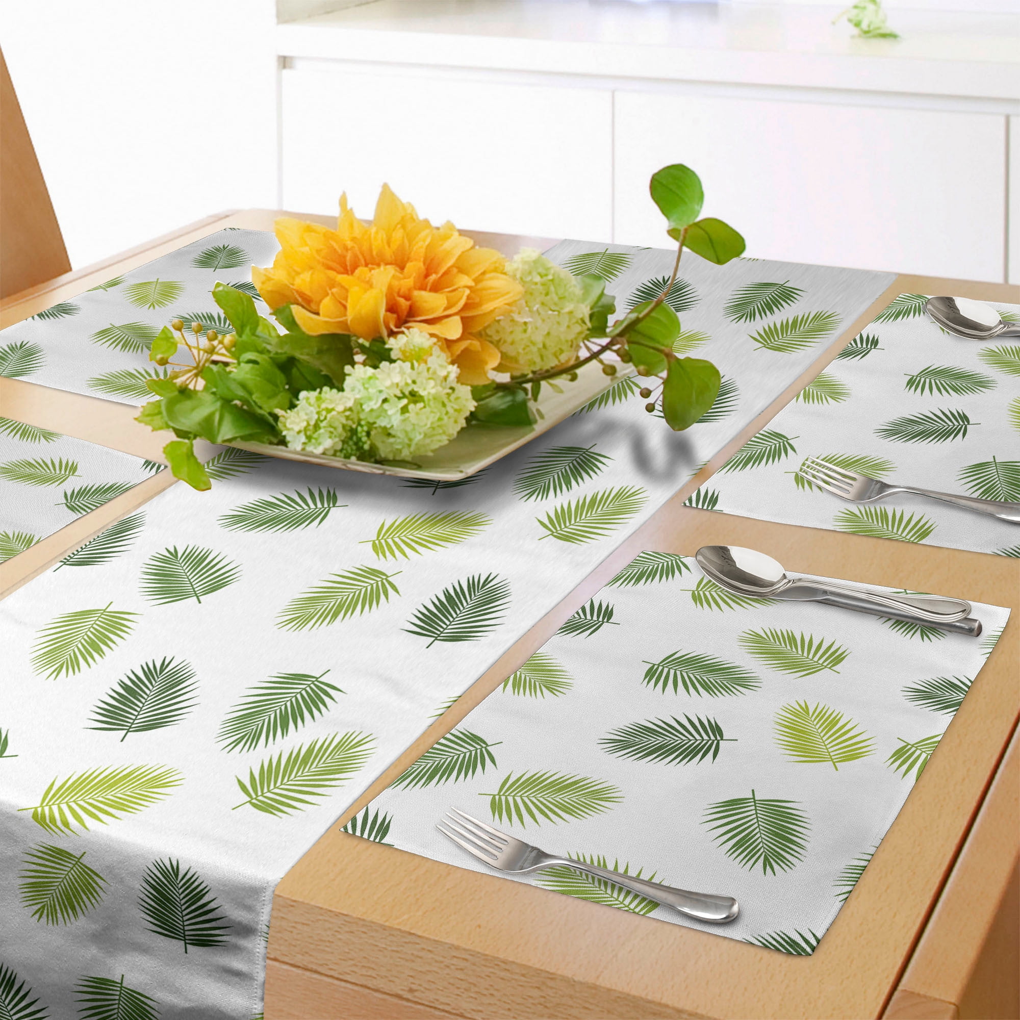 Jungle Leaves Table Runner & Placemats, Palm Leaf Silhouettes Pattern