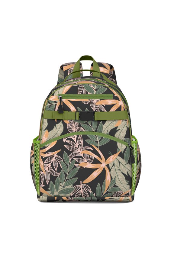 Jungle Leaves Waterproof Travel Backpack - Ergonomic Book Bag with Side Pockets for Students & Commuters