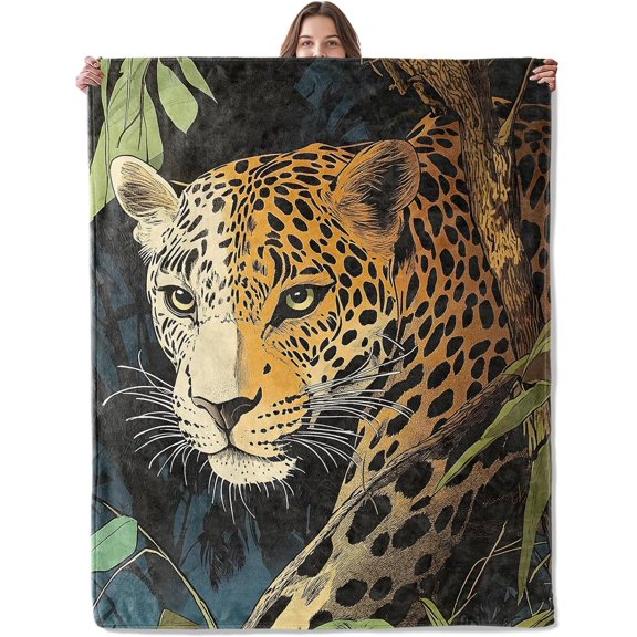 Jungle Leopard Blanket, Lightweight Comfy Leopard Peering Through Lush Foliage Blankets for Couch Sofa Bedroom, Soft Plush Travel Flannel Throw Blanket Gifts for Adults Kids Women, Decor 60×50in