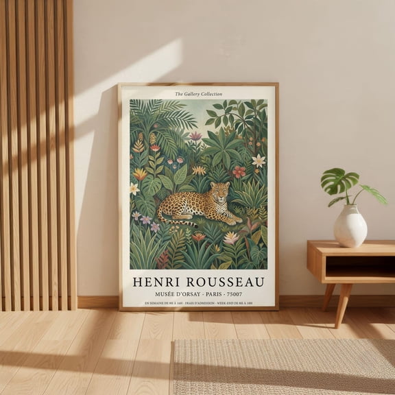 Jungle Leopard Museum Poster, Vintage Botanical Wall Art, Tropical Feline Illustration, Green Maximalist Decor, Exotic Graphic