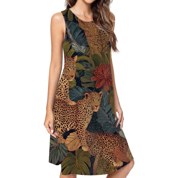 Jungle Leopards Tropical Foliage Print Casual Sleeveless Loose Sundress Dress For Women Summer Dress Daily Woman