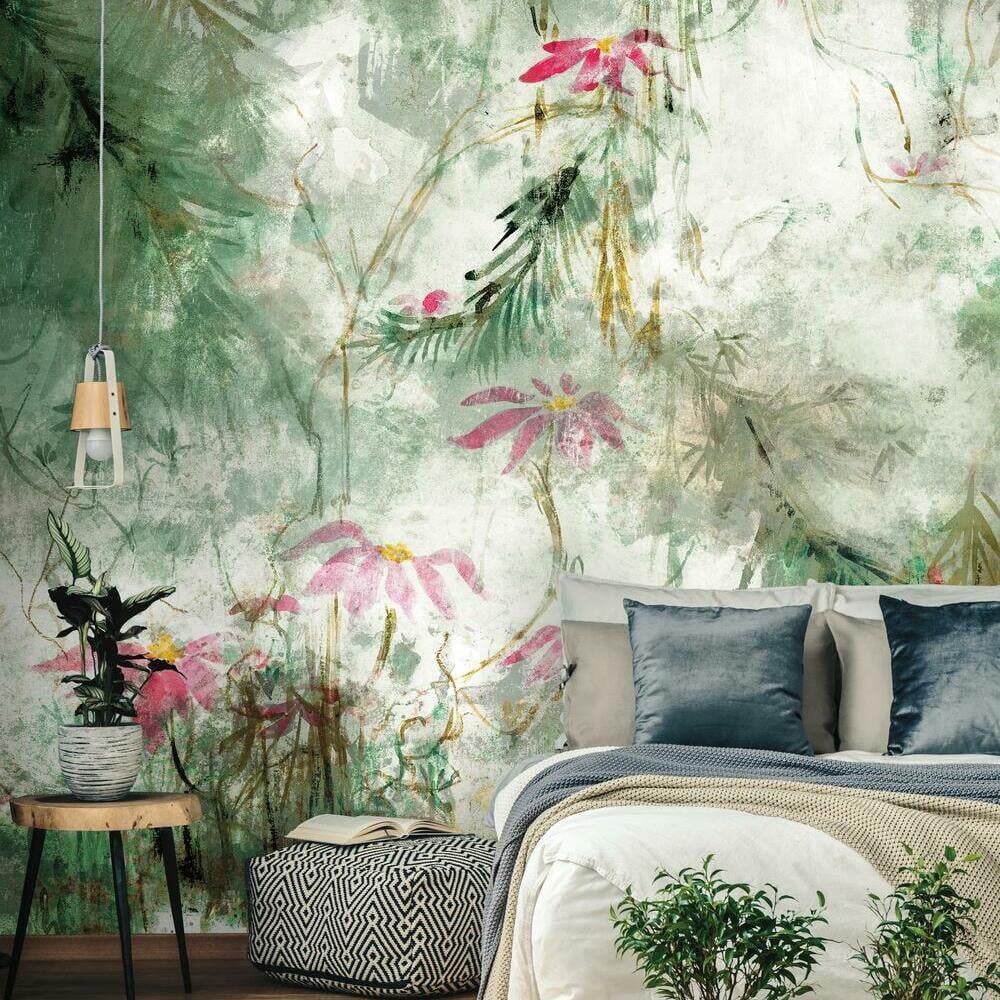 Green and Pink Jungle Lily Peel and Stick Wall Mural