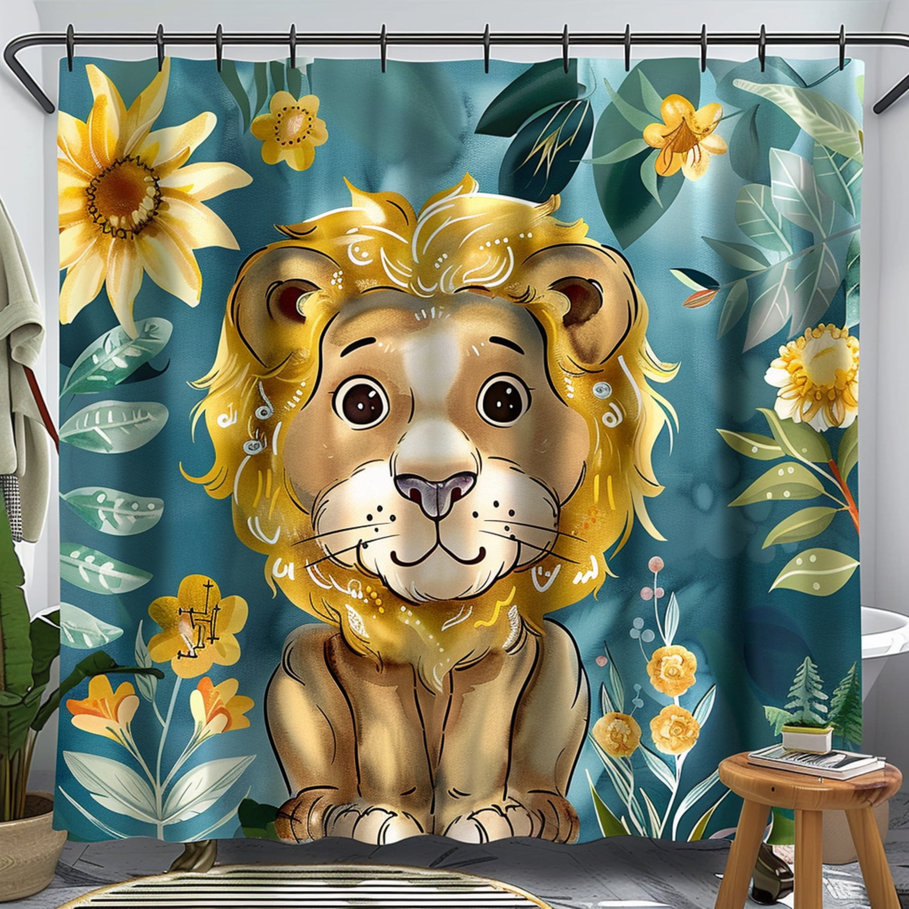 Jungle Lion Watercolor Shower Curtain Kids Bathroom Decor with Flowers