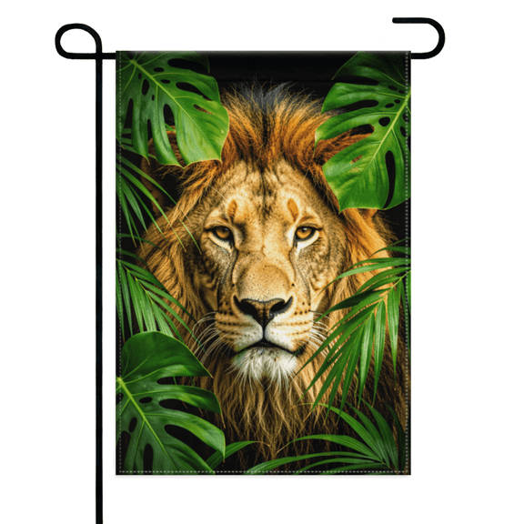 Jungle Lion Wildlife Garden Flag 12×18in Double Sided, Flexible Polyester Yard Banner, Tropical Leaf Animal Art for Lawn Patio Farmhouse Seasonal Outdoor Courtyard Decor
