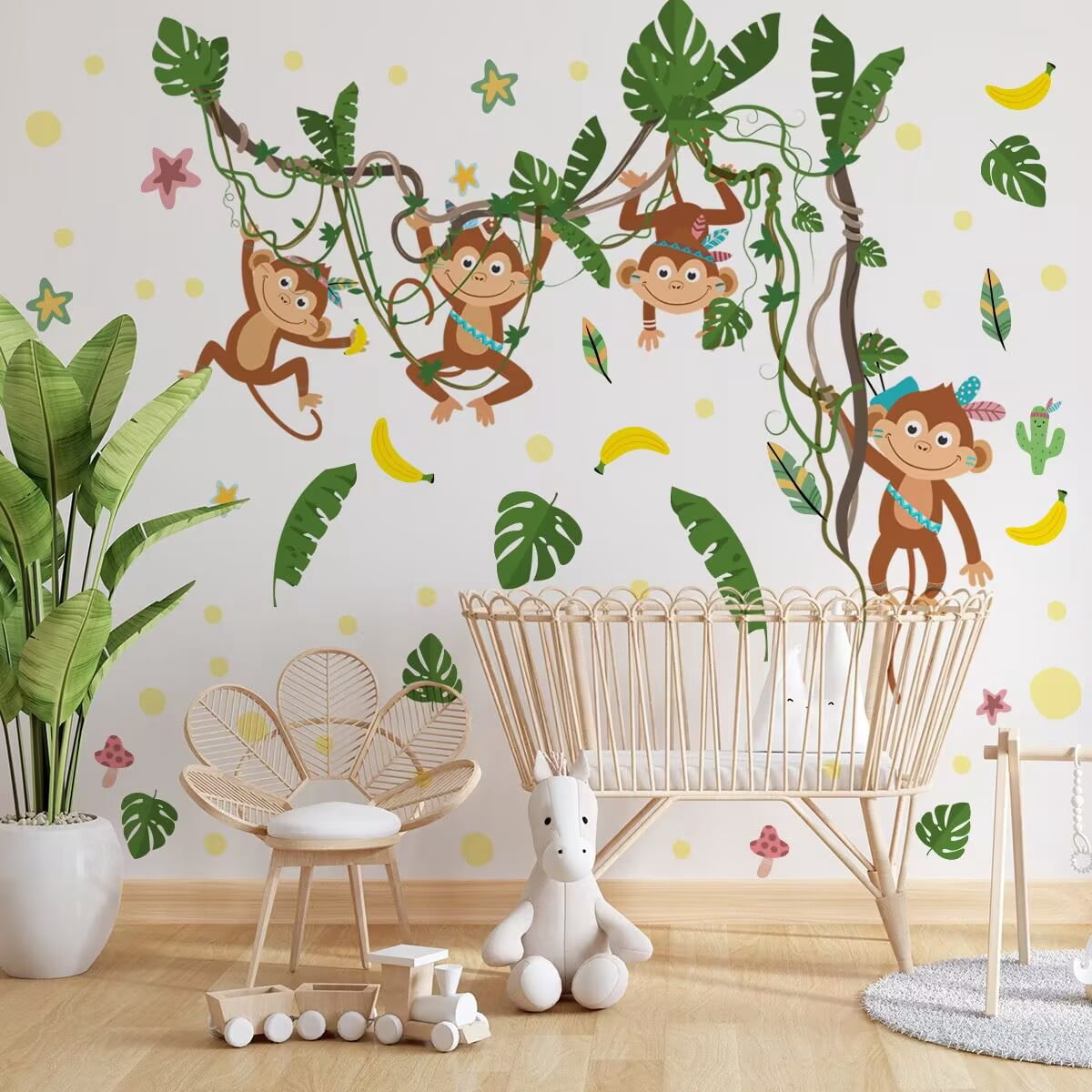 Jungle Monkey Climbing Tree Wall Decals Jungle Animals Vine Leaves Wall ...