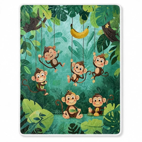 Jungle Monkey Sherpa Throw Blanket, Tropical Leaf Polyester Fleece, Multicolor