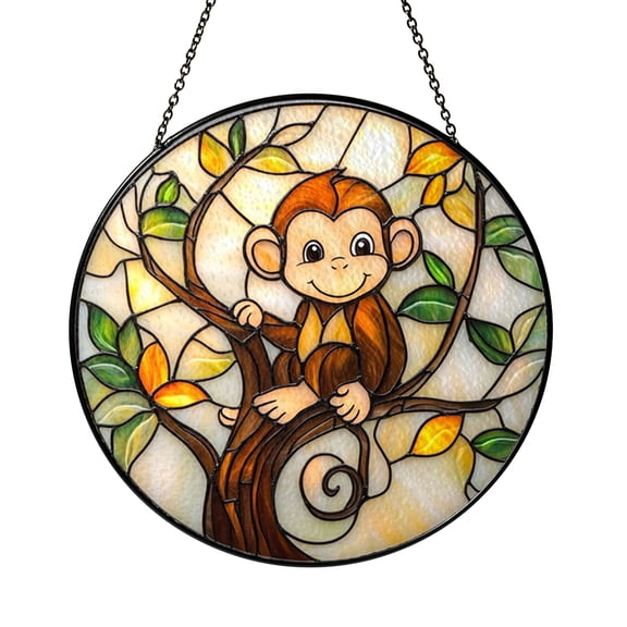 Jungle Monkey Stained Glass Style Acrylic Window Suncatcher Hanging Decor, Tropical Animal Decorative Panel Ornament for Nature Window Art and Jungle Theme Home Decoration