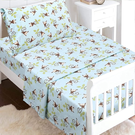 Jungle Monkey Tails Swing 3 Piece Blue Cotton Toddler Sheet Set