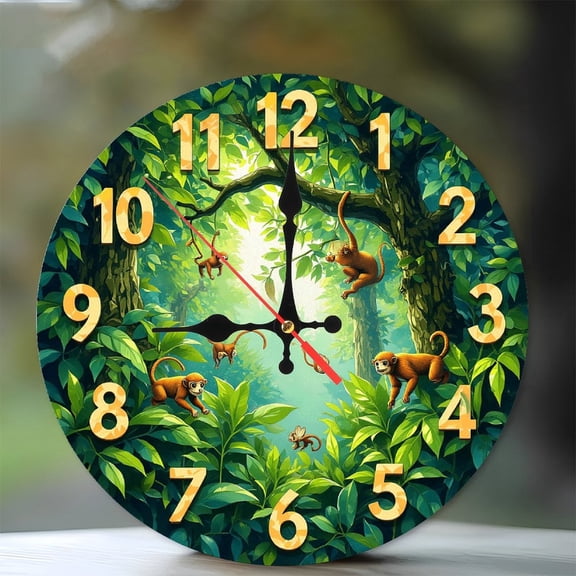 Jungle Monkeys Wall Clock Home Decor 10-Inch Silent Wooden Wall Clock, Battery Operated (AA Batteries Not Included), Artistic Home Decor