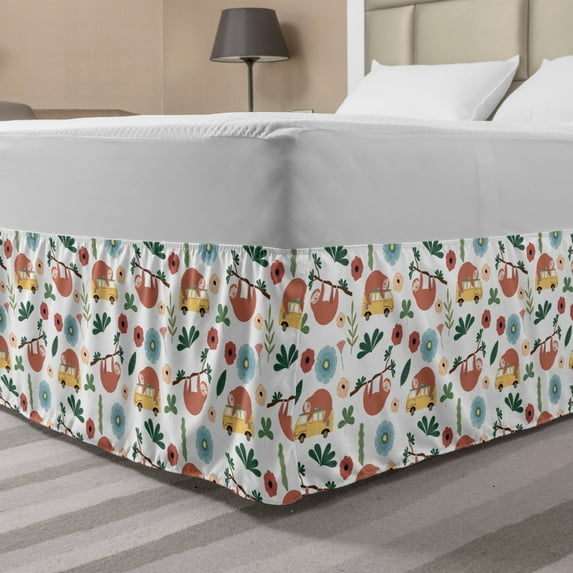 Jungle Nursery Bed Skirt, Flowers Leaves and a Sloth on a Bus with Branches Botany Scene, Elastic Bedskirt Dust Ruffle Wrap Around for Bedding Decor, 4 Sizes, White and Multicolor, by Ambesonne