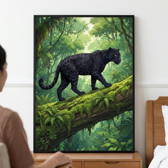 Jungle Panther Black Jaguar Illustration Tropical Rainforest Decor Exotic Animal Dark Leopard Art Nature Poster Wall Art Print