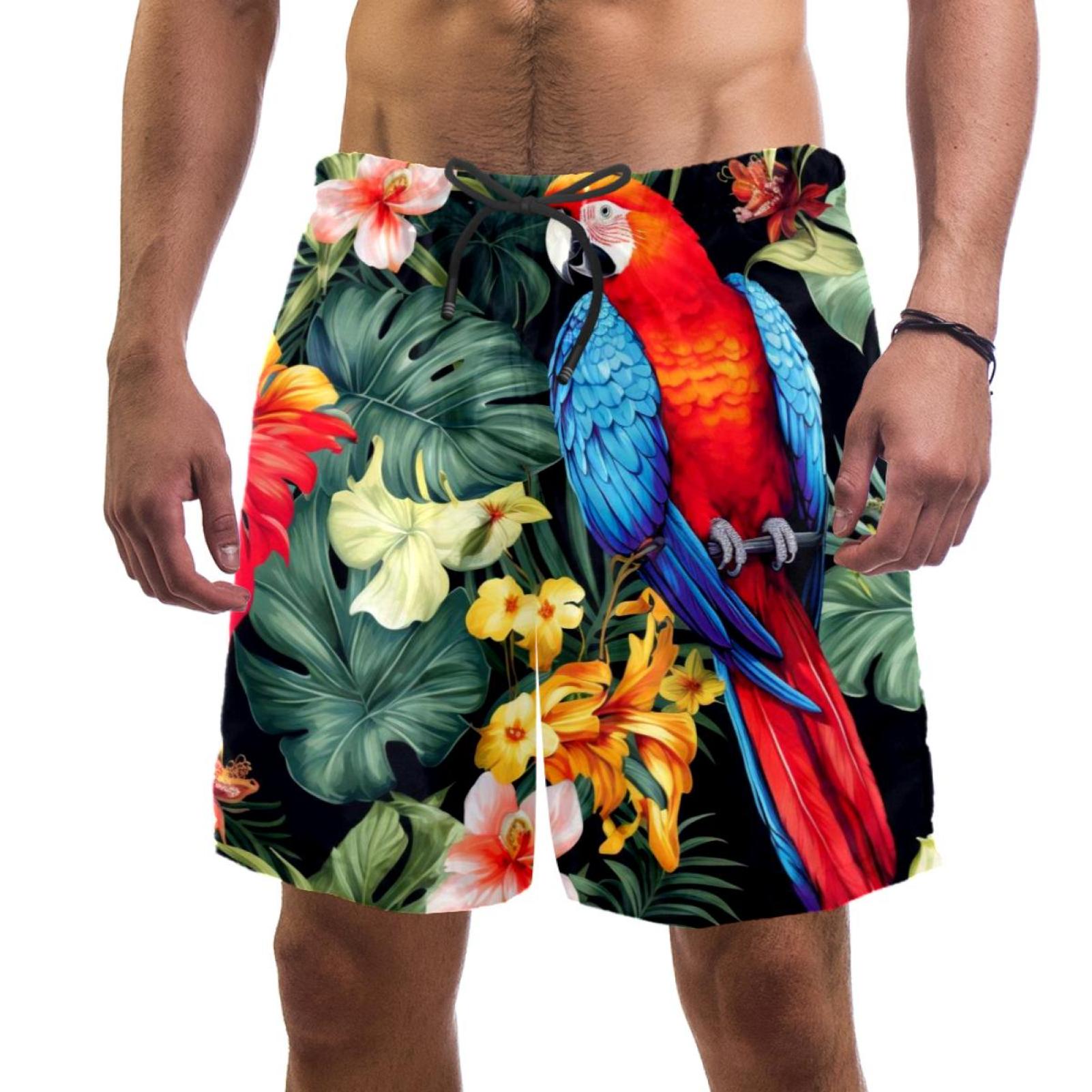 Jungle Parrot Men Beach Shorts with Elastic, Casual Drawstring