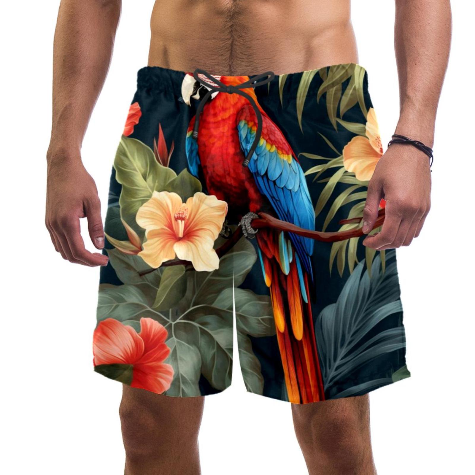 Jungle Parrot Men Beach Shorts with Elastic, Casual Drawstring