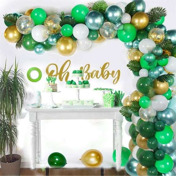 Jungle Party Balloon Garland Arch Kit, Gold Green Balloons Dinosaur Party Decoration with Palm Leaves for Safari Animal Wild One Birthday Baby Shower Decoration Party Supplies